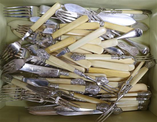Assorted plated cutlery including twelve pairs of dessert eaters and ten pairs of fish eaters and a pair of fish servers.